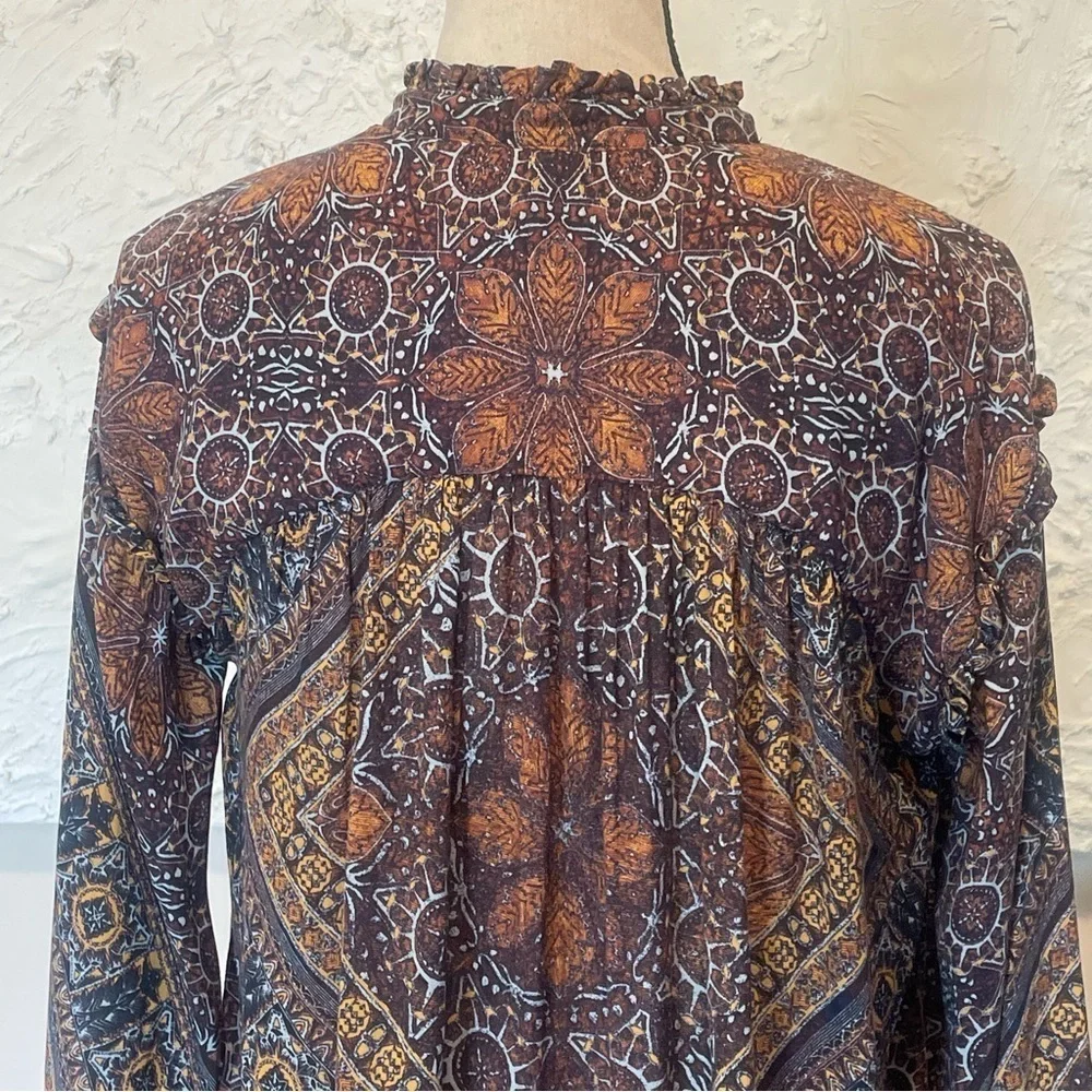 Free People Little Runaway Blouse Long Sleeve Ruffle Collar V-neck Boho Size
